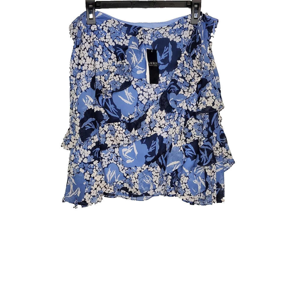 LRL Ralph Lauren Womens Sz 14 Floral Printed Ruffled Short Skirt Blue Side Zip